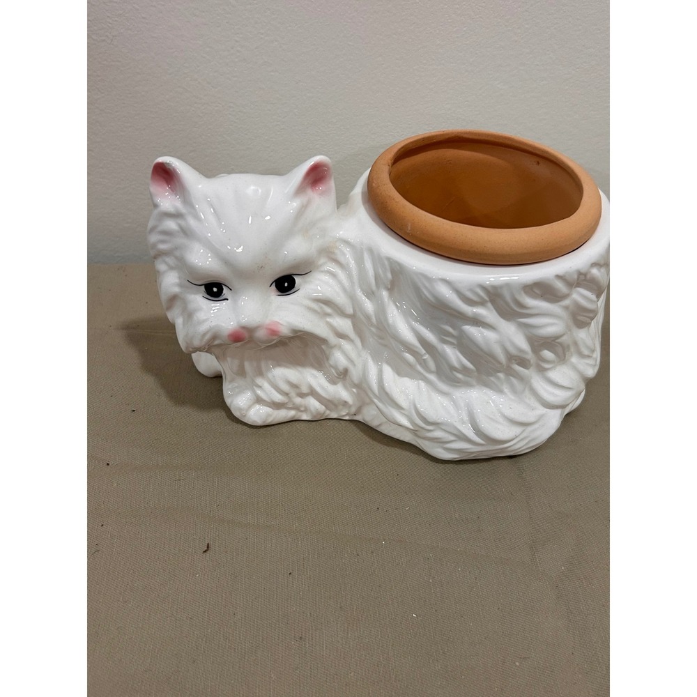 Vintage White Persian Cat Ceramic Animal Planter with Terracotta Insert Pot